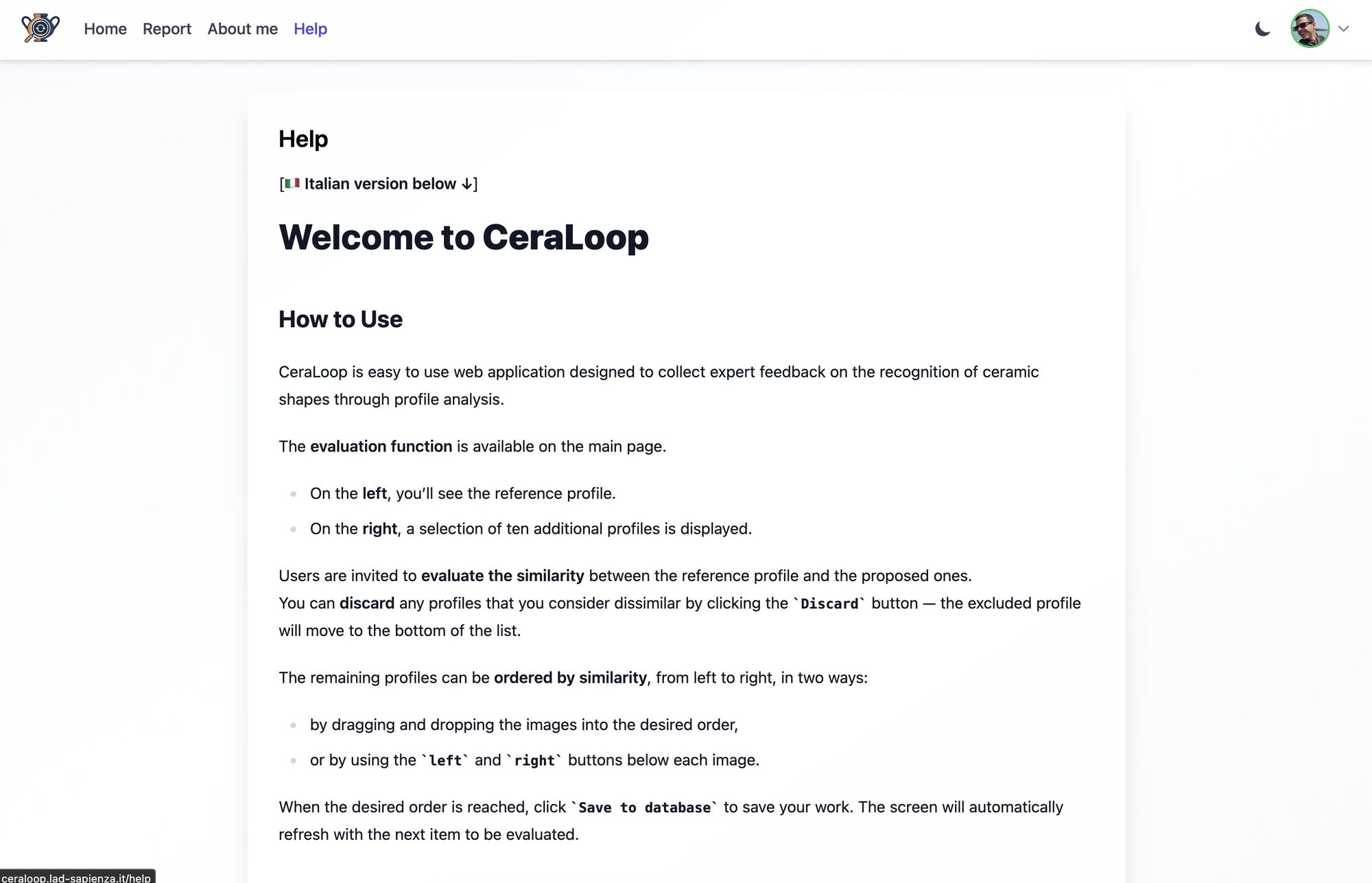 05 CeraLoop: pagina di informazioni generali, dentro il programma